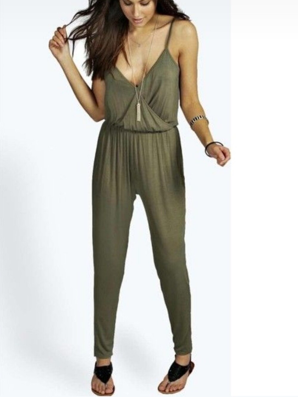 Boohoo Wendy Wrap Cami Olive Green Jumpsuit 8 / Medium NWT